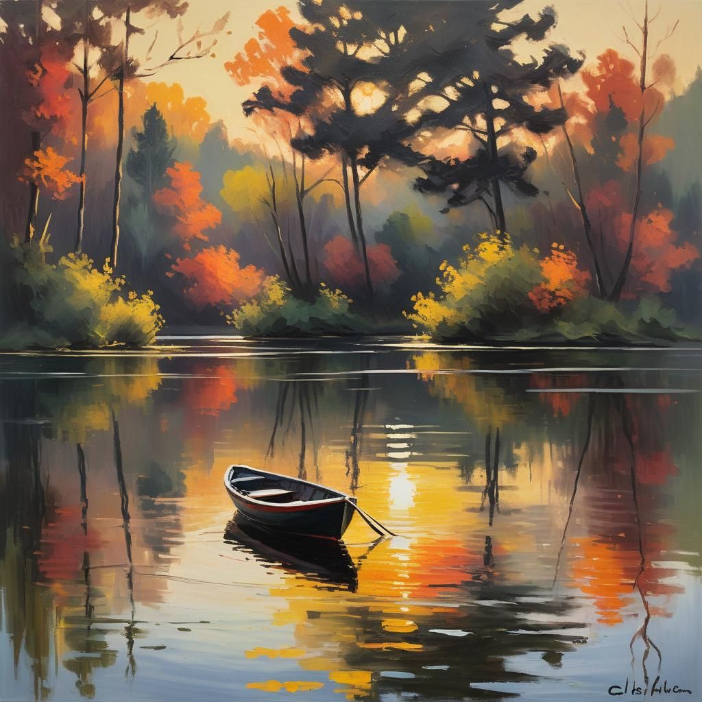 Impressionist Lakeside Sunset with Boat