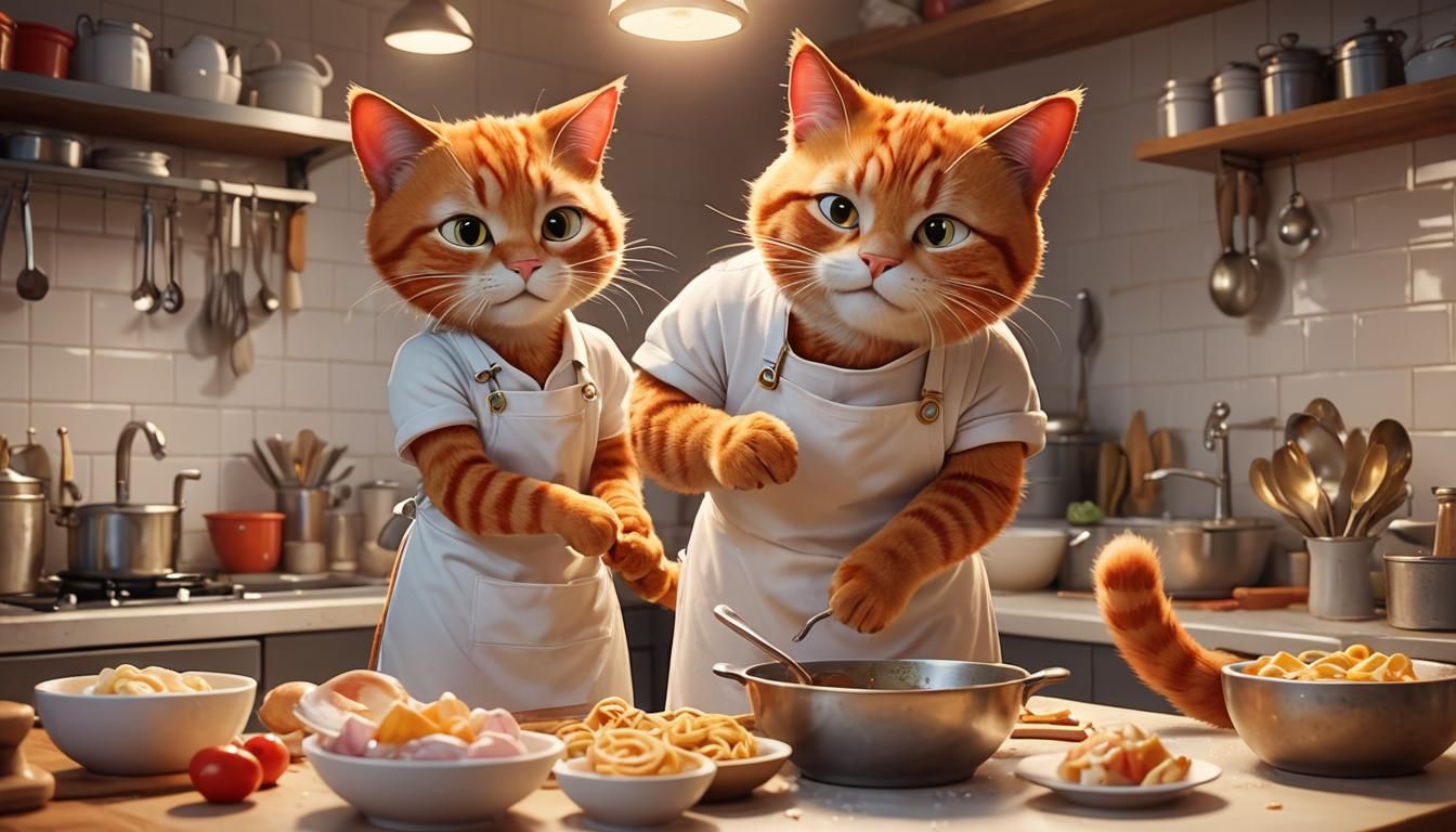 Red Cat Washing Dishes: Pixar 3D Concept Art