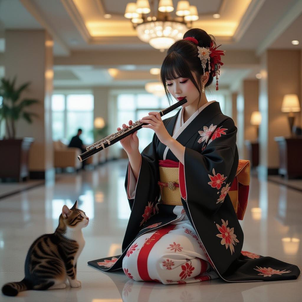 Cyberpunk Japanese Woman Plays Flute for Cat