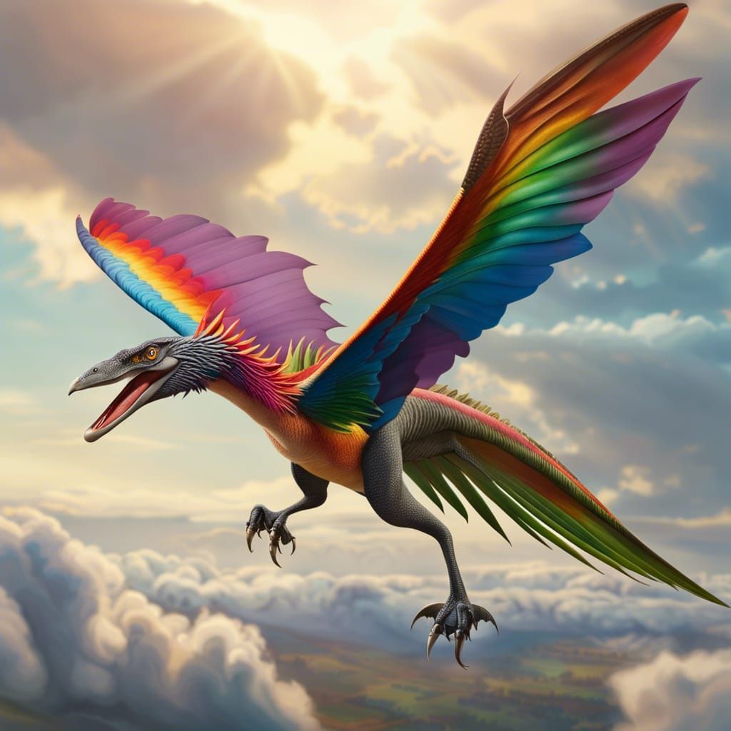 Multi-Colored Feathered Pterodactyl Launches into Flight
