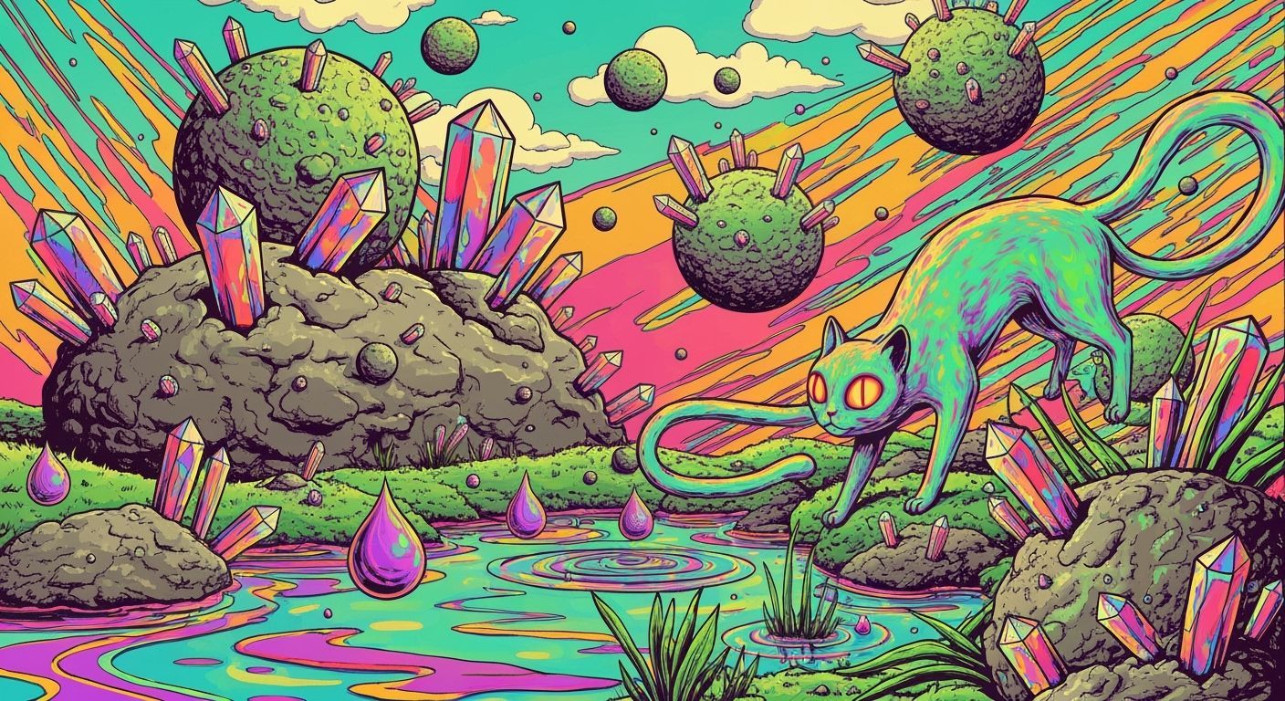 Psychedelic Zero Gravity Landscape with Alien Cat