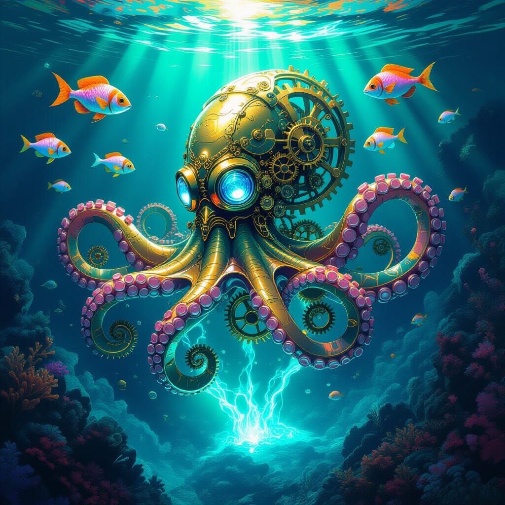 Clockwork Kraken Rising from Bioluminescent Depths