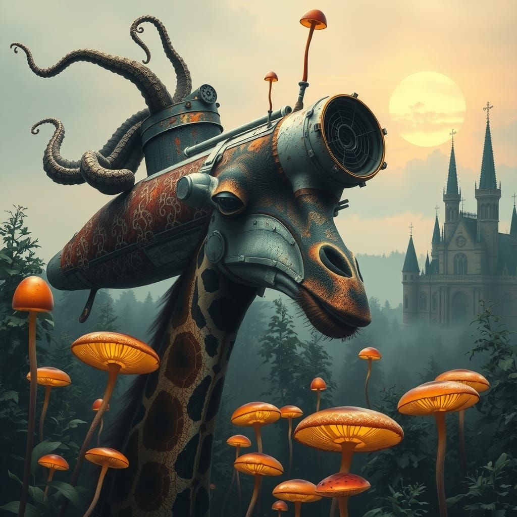 Surreal Submarine-Headed Giraffe in Dreamscape