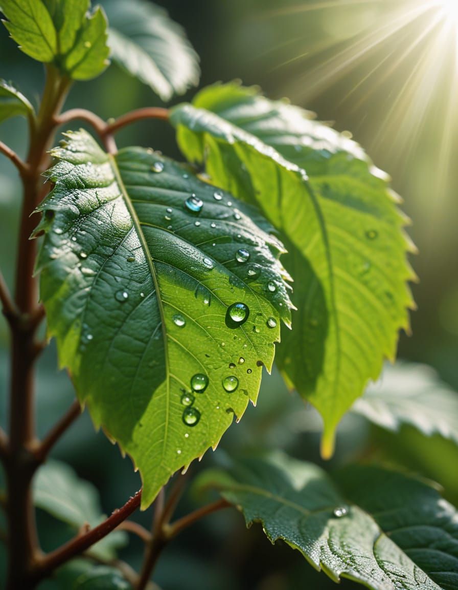 Dewdrop on Leaf in Sunlight: Hyper-Realistic Macro
