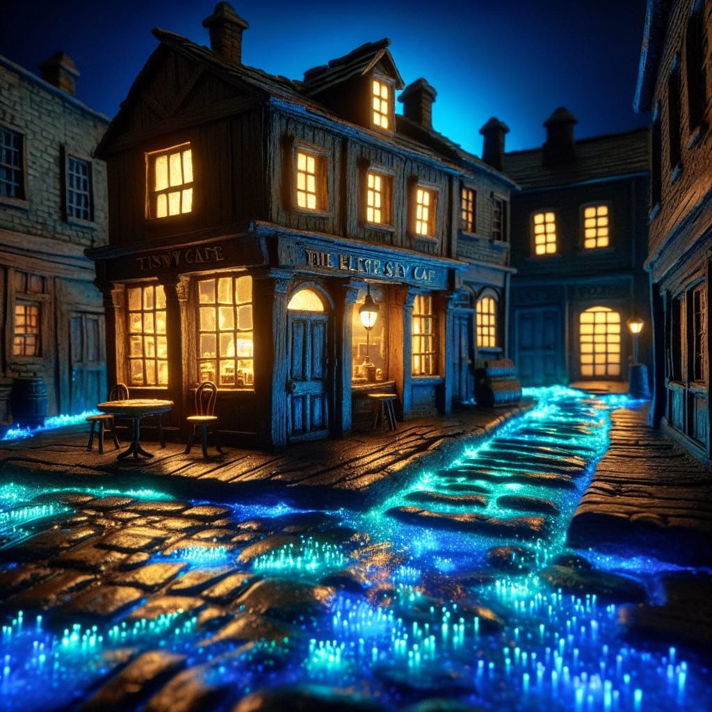 1800s Alley Cafe with Bioluminescent Night Sky