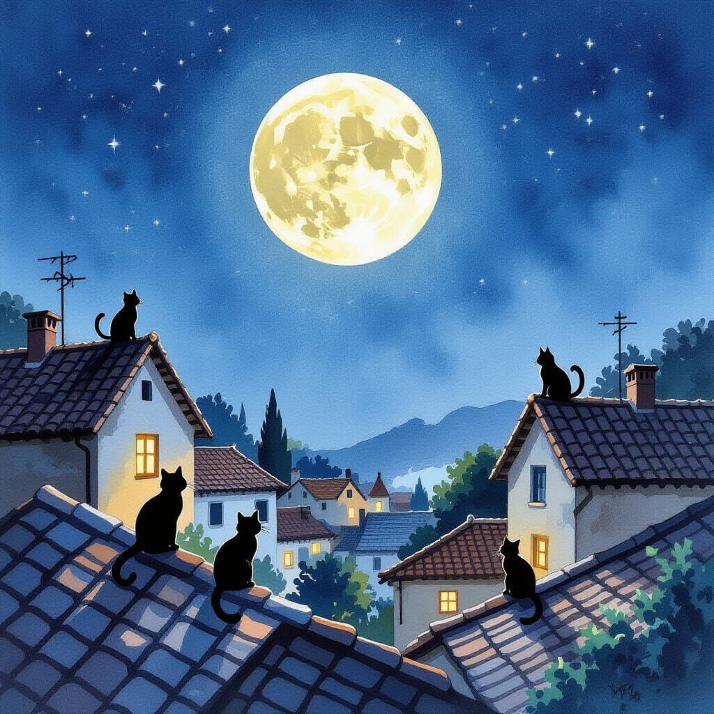 Cats Silhouetted Against Moonlit Village: Watercolor