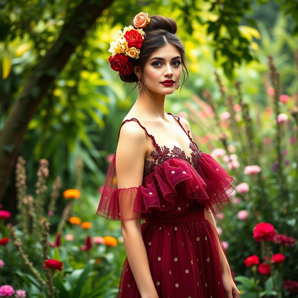 Model in Red Tulle Jumpsuit, Impressionist Garden