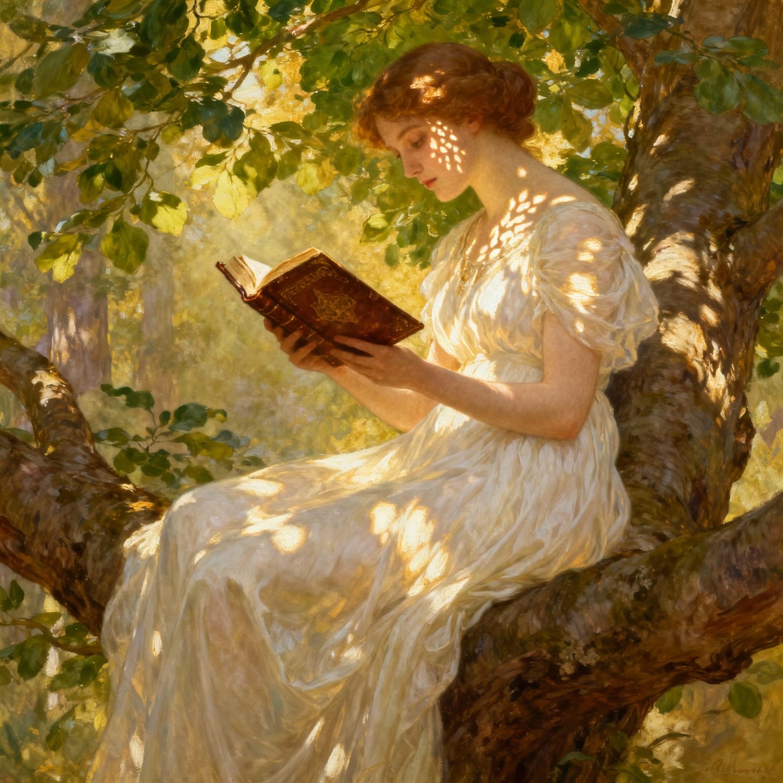 Woman Reading on Tree Branch in Ethereal Light