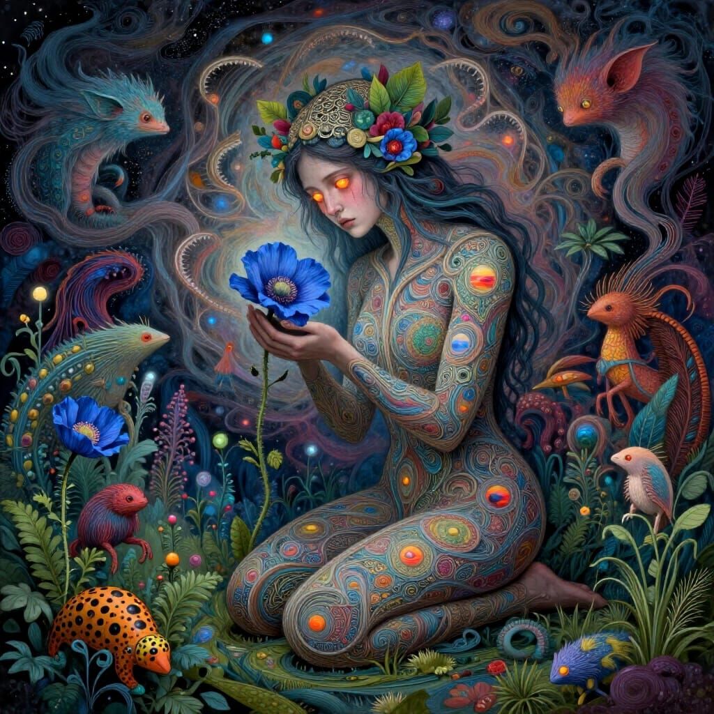 Mystical Dreamscape with Kneeling Figure and Cosmic Poppy