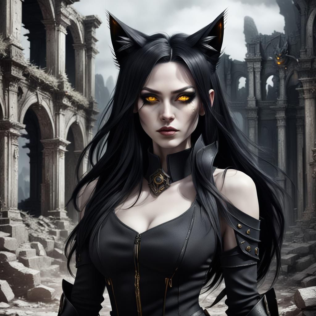 Portrait of a Cat-Eared Woman in Ruins