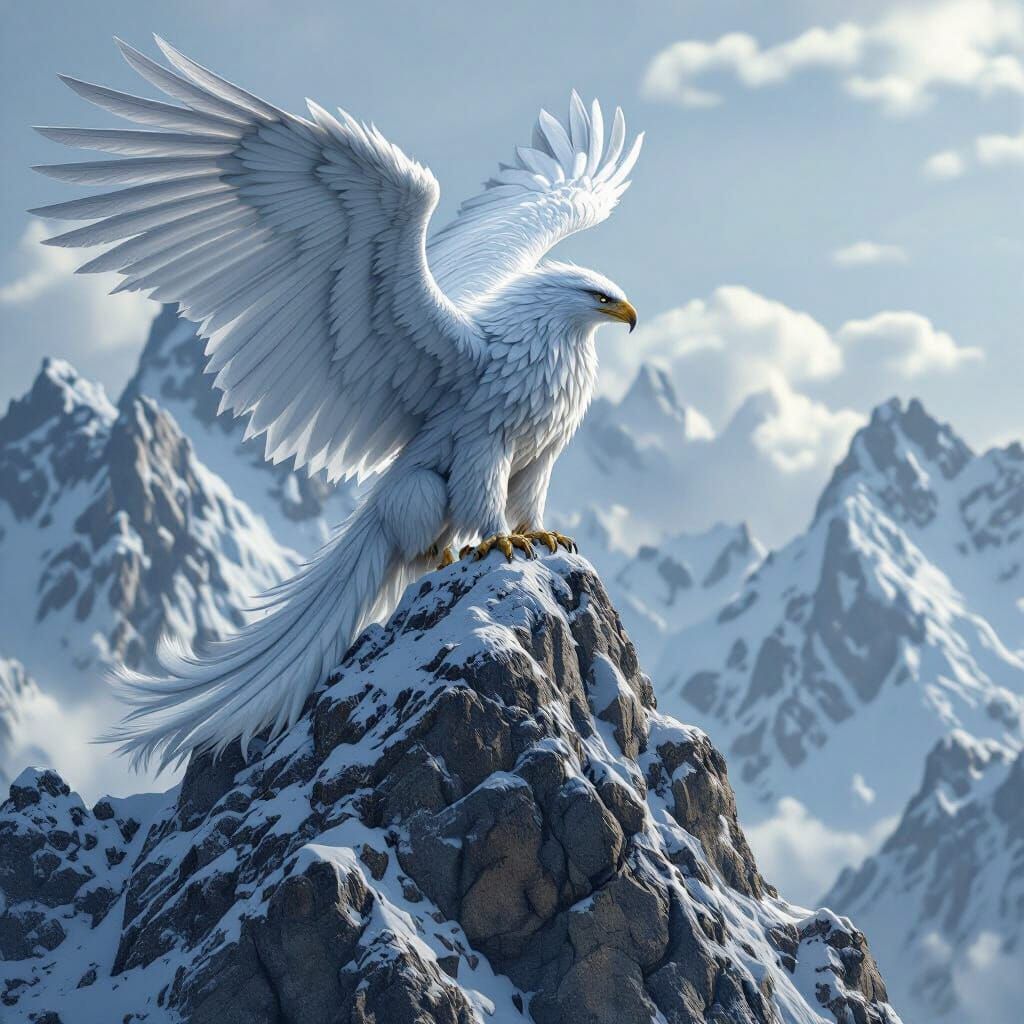 Hyperrealistic Griffin Perched Atop Snowy Mountain