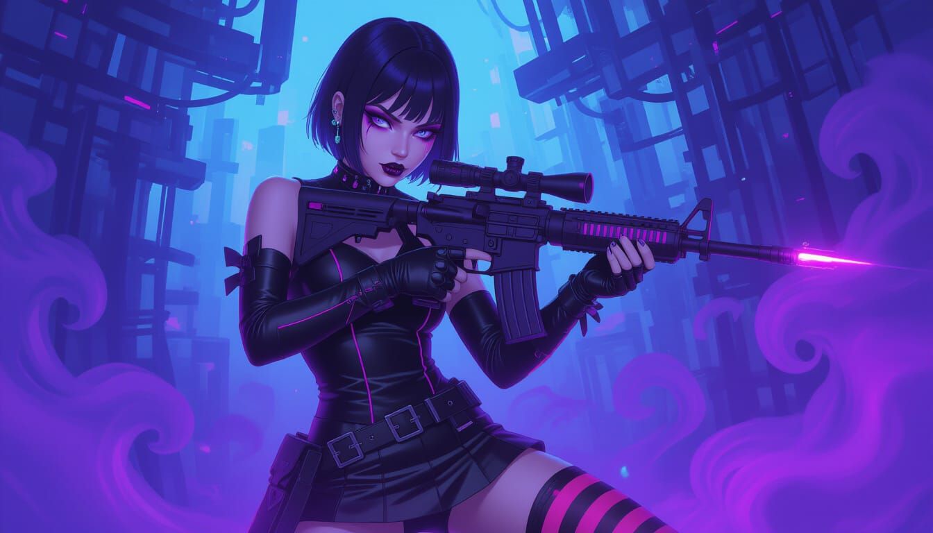 Goth Girl with Futuristic Rifle in Cyberpunk Fog