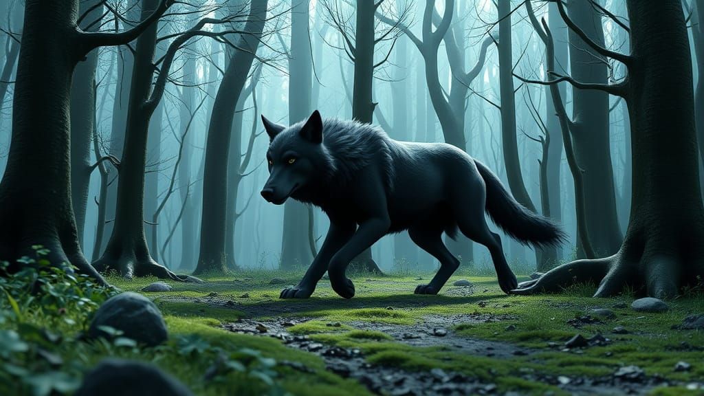 Black Wolf in Enchanted Celtic Forest, 3D Animation