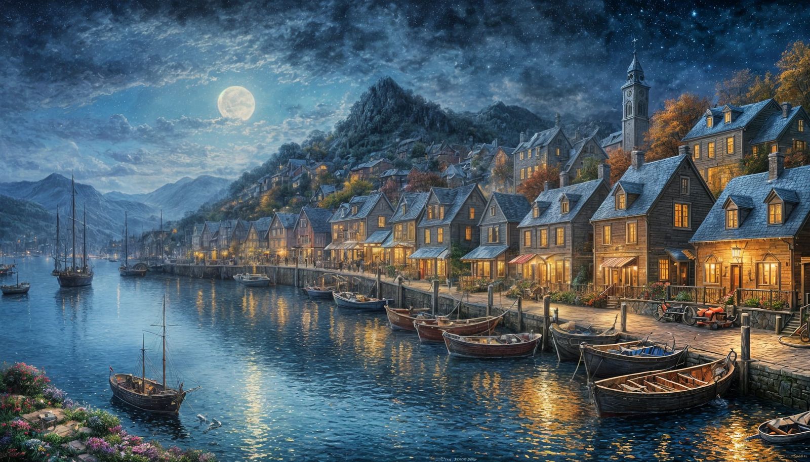 Autumn Harbour at Night: Impressionist Oil Painting
