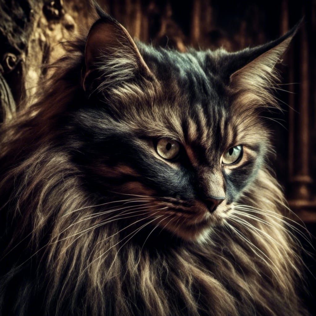 <lora:Macabre:1.0> <lora:Terror of the Mythos:1.0> a big tabby cat with evil eyes and looking deadly,ina gothic manor  h...