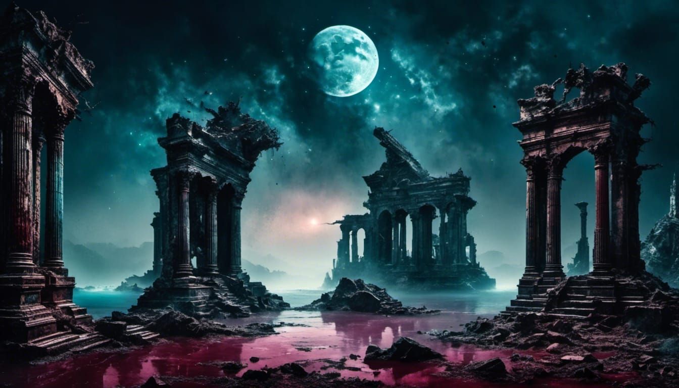 Crashed Starship Ruins at Sea in Trashpunk Style