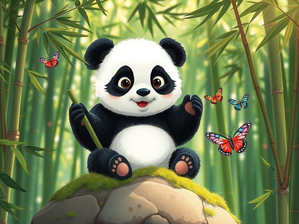 Whimsical Panda Cub in Bamboo Forest