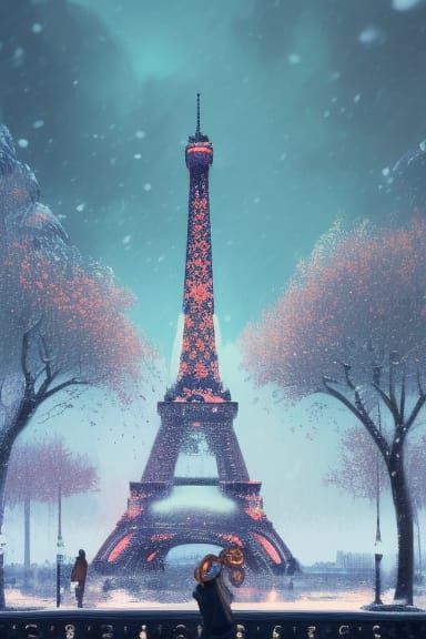 Eiffel Tower Portrait in Snow, Hyperdetailed Concept Art