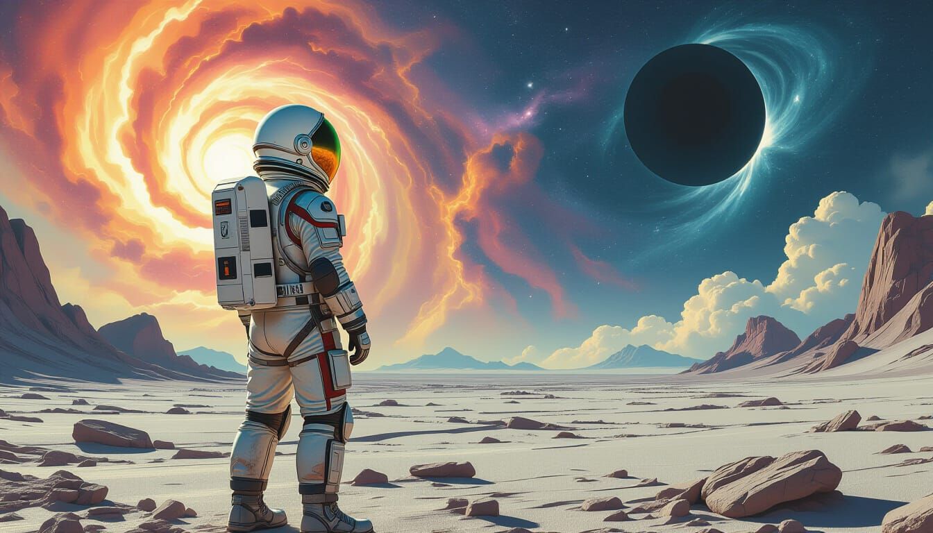 Astronaut Observes Cosmic Ballet in Futuristic Style