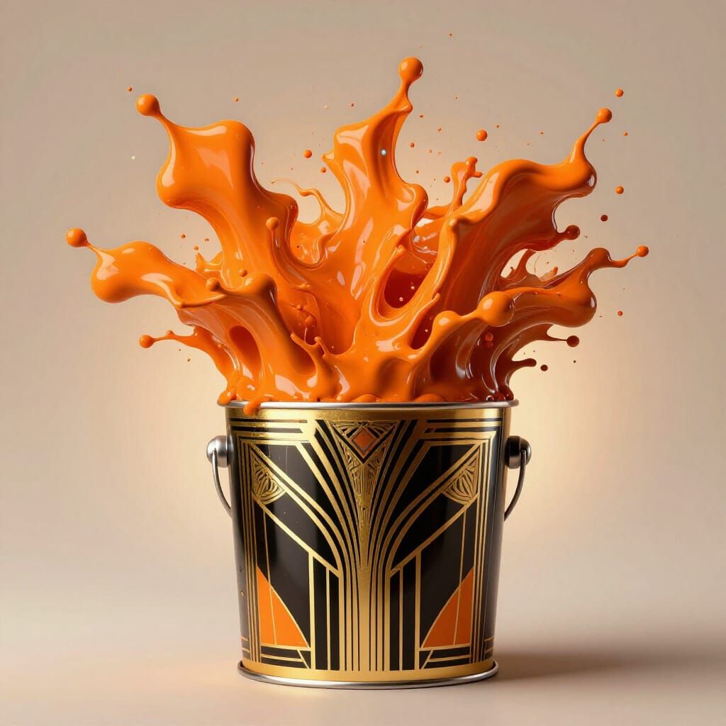 Art Deco Paint Bucket Explodes with Orange Surge