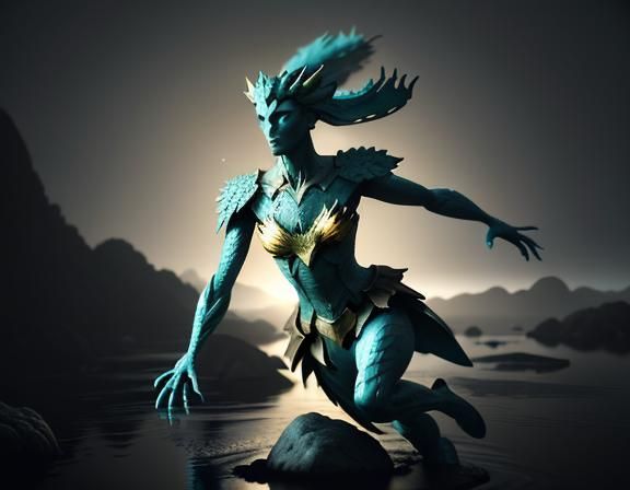 Amphibioid on Misty Lake, 3D Cinematic Render