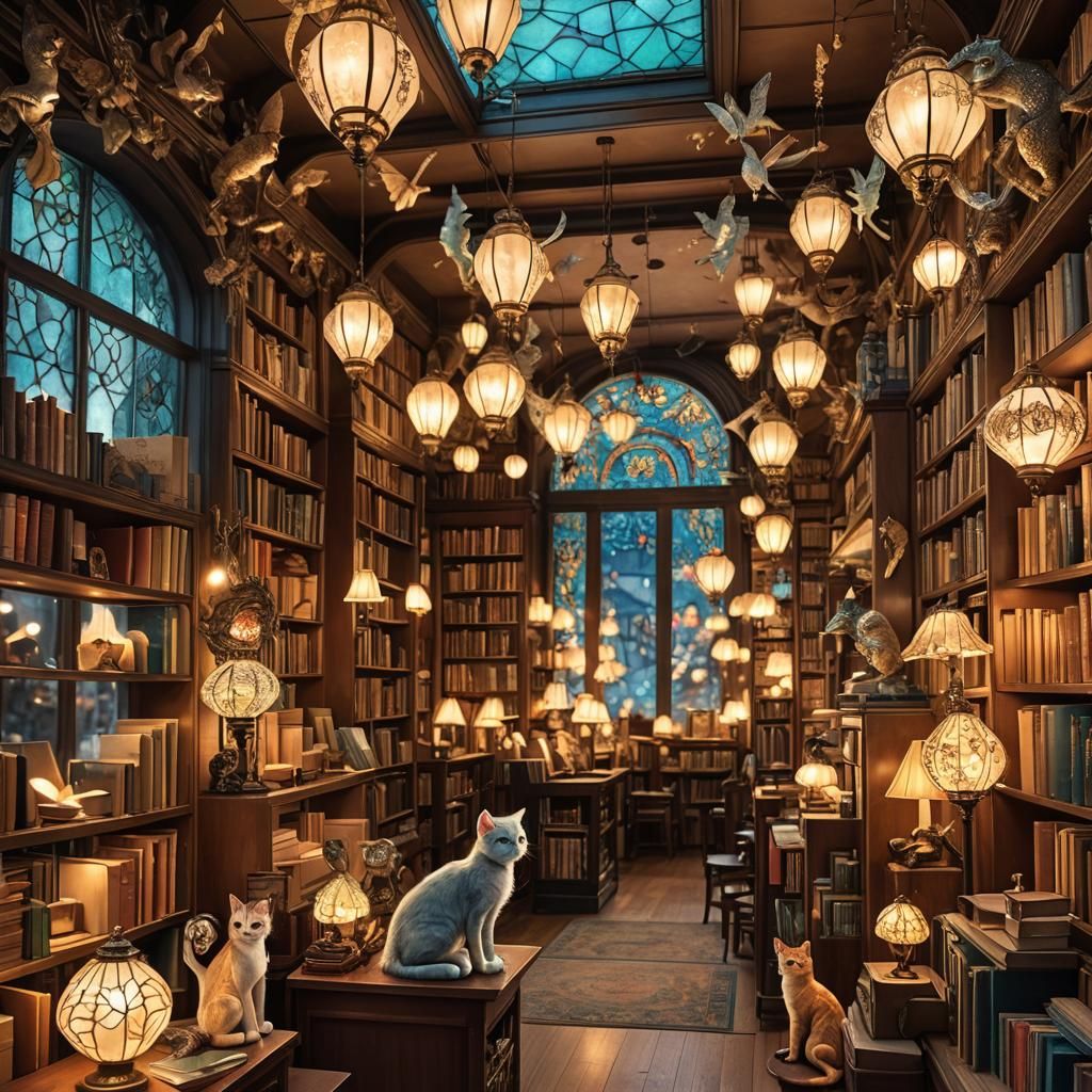 Enchanted Art Deco Bookstore with Fairy Cats and Dragons