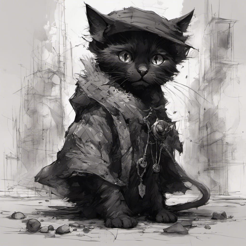 Chibi Black Cat as Harry Potter in Ink Sketch