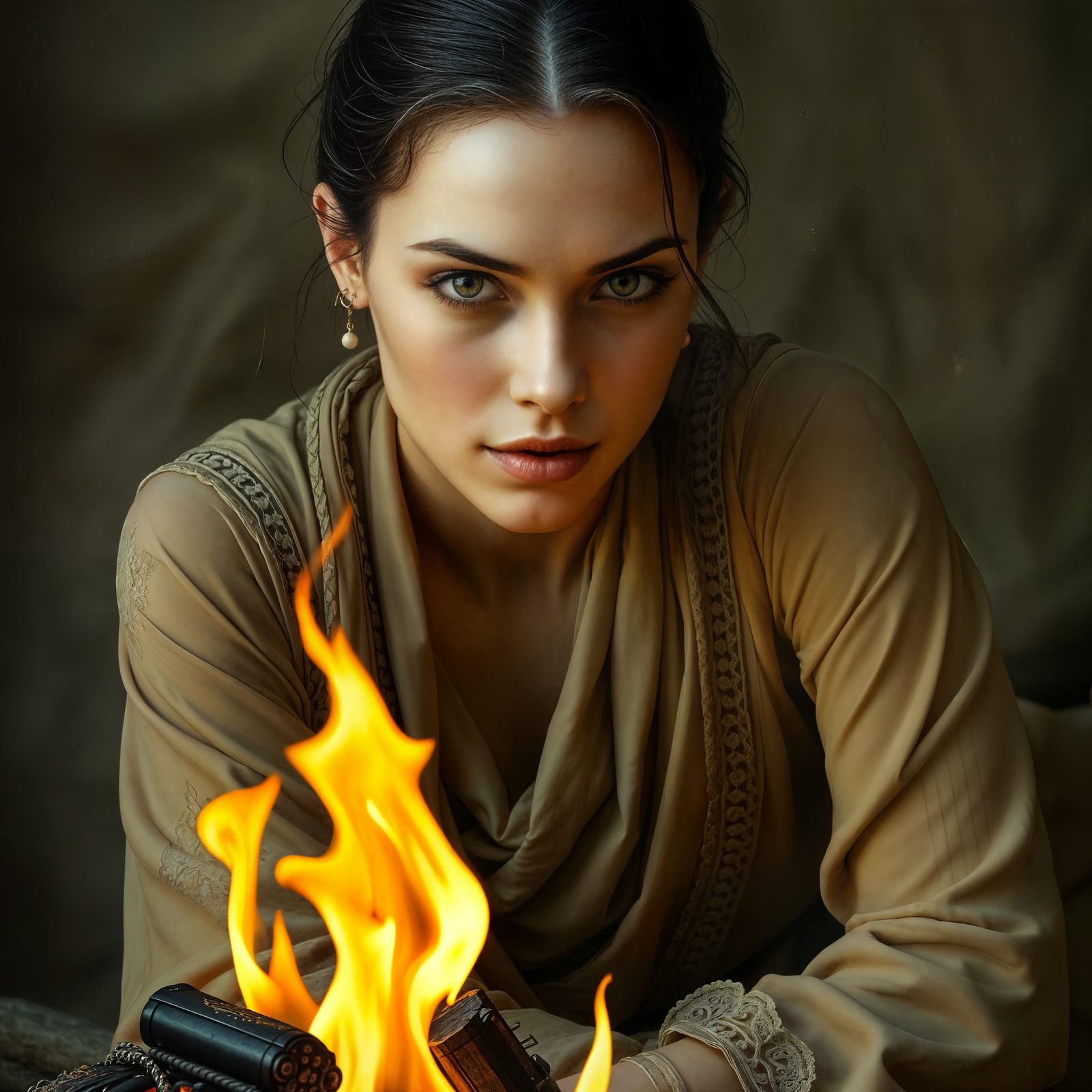 Ethereal Beauty Gazing Over a Flickering Flame