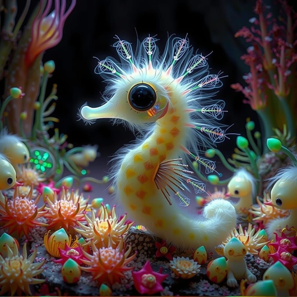 Iridescent Seahorse with Wings in Crystal Cave