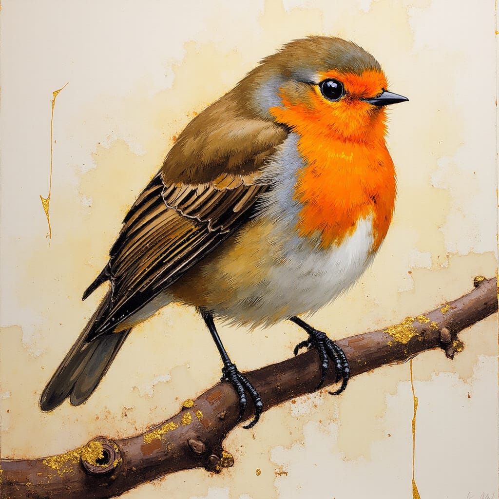 Impressionist Robin in Alcohol Ink With Gold Veins