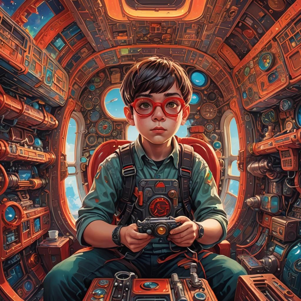 Fantasy Airplane Adventure with Red-Eyed Boy