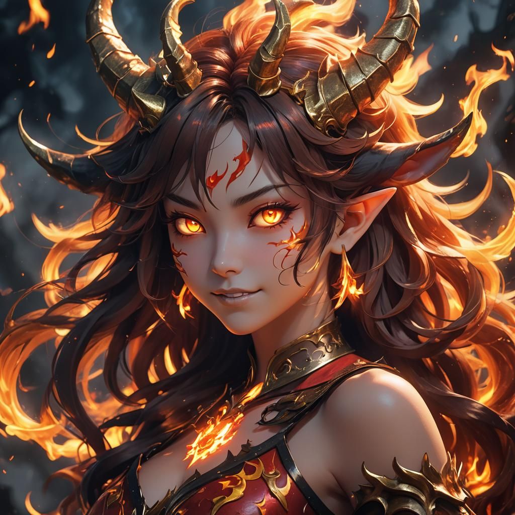 Playful Fire Demon Close-Up in Vibrant 3D Anime Art