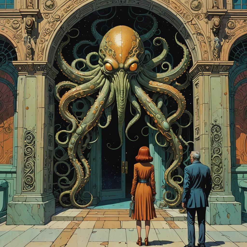Metallic Tentacle Girl at Galactic Portico by Moebius