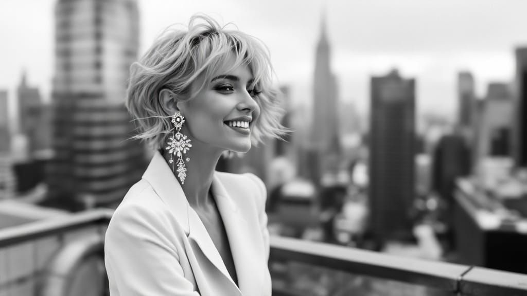 Fashionable Woman on Rooftop in Monochrome