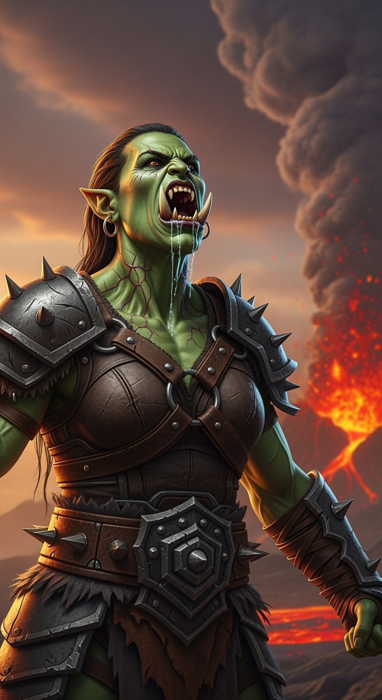Fearsome Green Orc Warrior Roaring Under Volcanic Skies