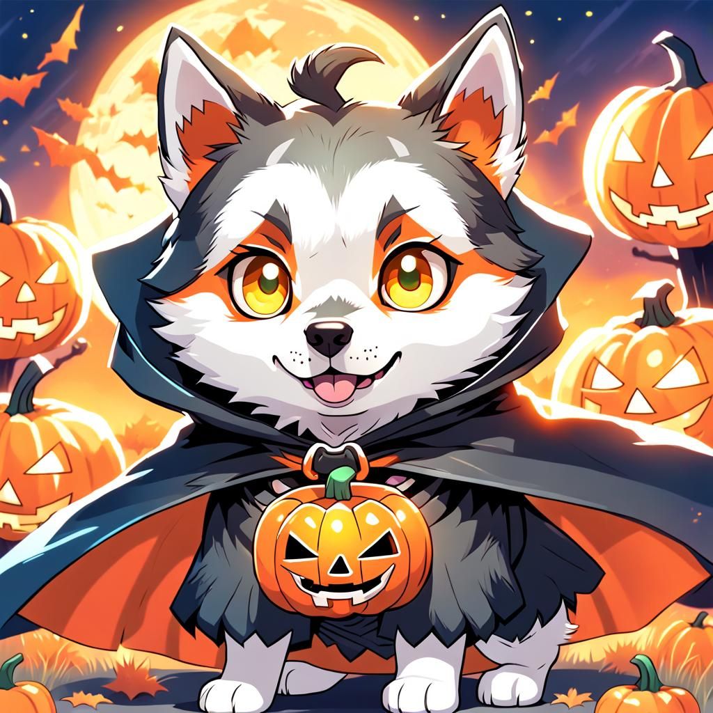 Anime Husky Dog in Jack-o'-Lantern Helmet