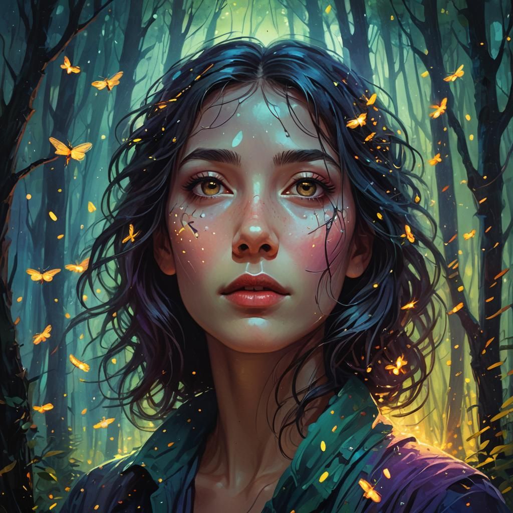 Dreamlike Portrait: Woman and Firefly Forest