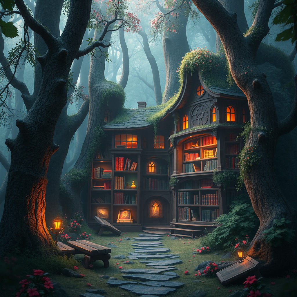 Ethereal Fairy Library in Forest: Detailed Matte Painting