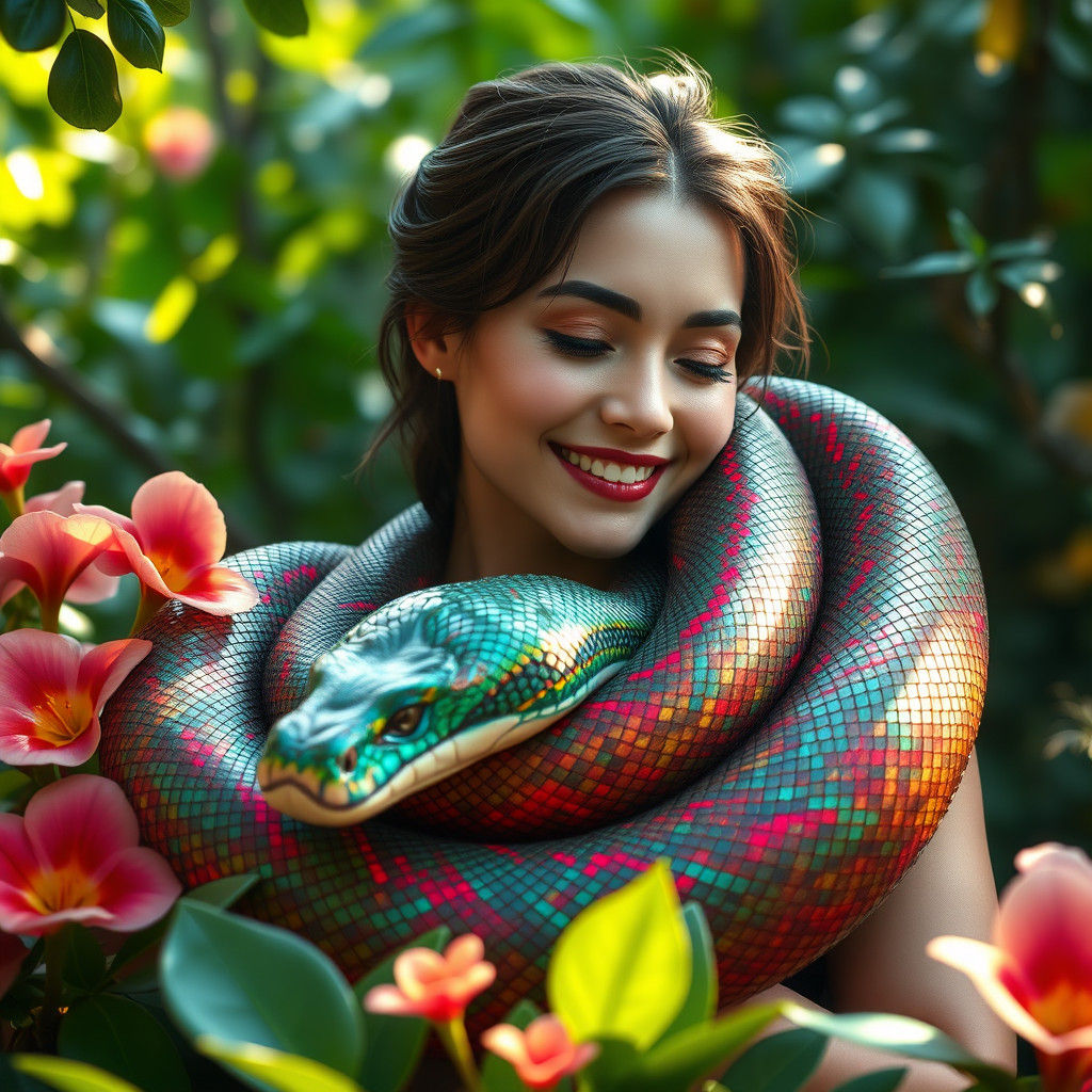 Woman and Serpent in Paradise: Dreamlike Concept Art