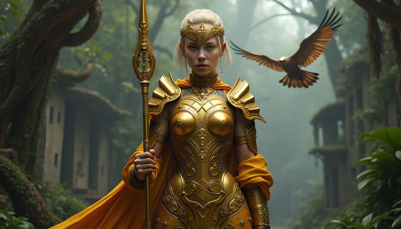 Golden Armored Female Warrior in Jungle Setting