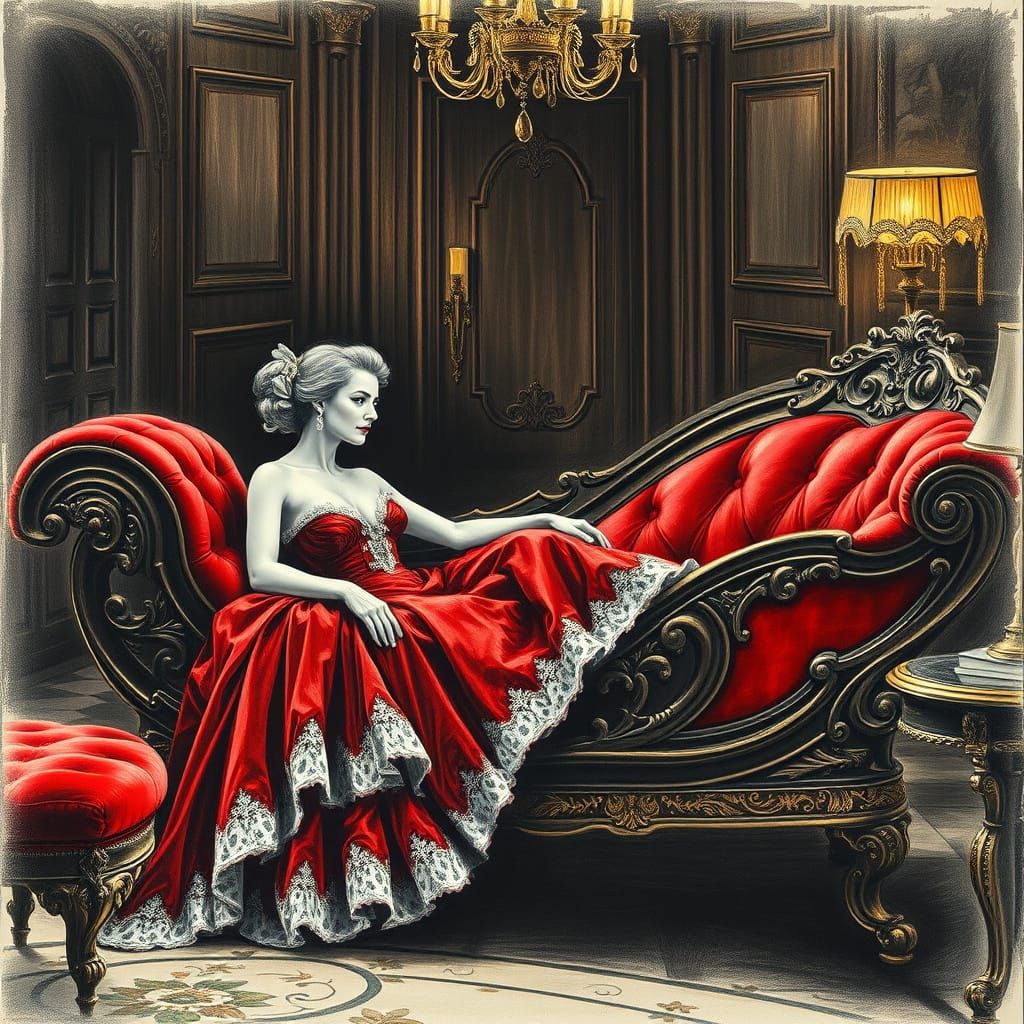 Lavishly Dressed Woman on Baroque Chaise Lounge