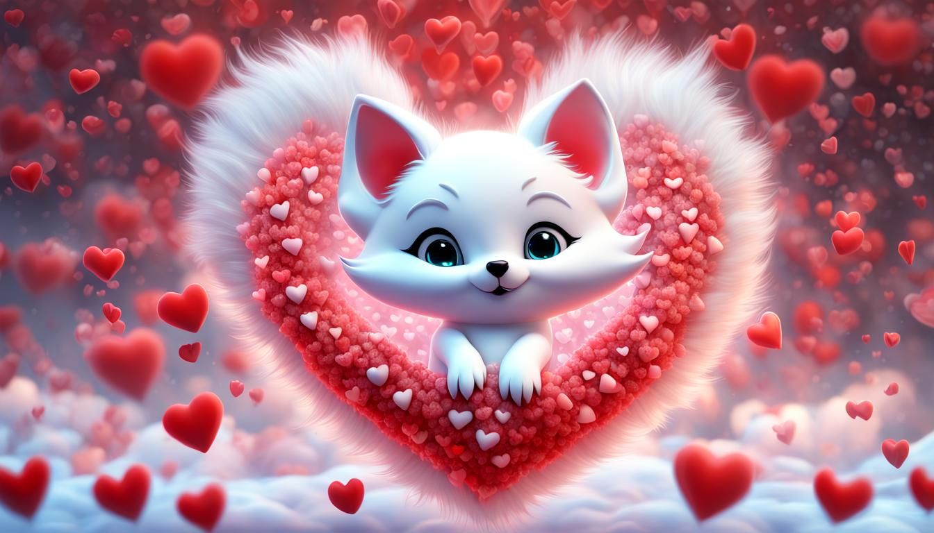 shiny heart bed of fluffy white chibi foxes ,red shiny heart...