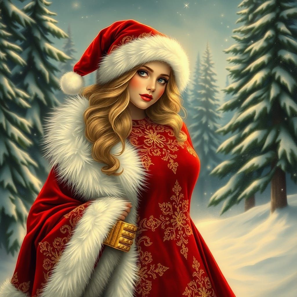 Female Santa Claus in Winter Wonderland, Art Nouveau Style