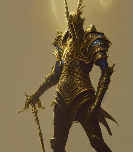 Knight in Gold Armor with Blue Mist, Anime Style