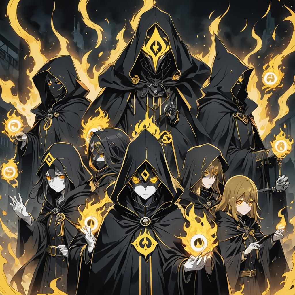 Figures in Black Cloaks Holding Neon Flames