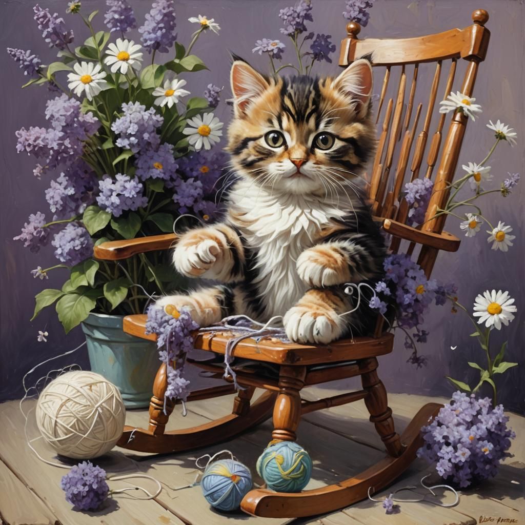 Cyborg Kitten Oil Painting with Flowers