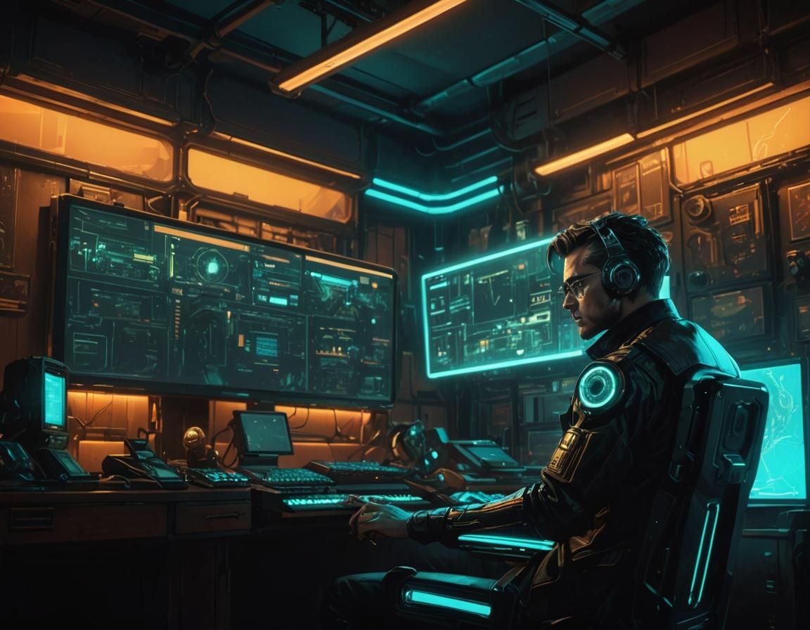 Cyberpunk Futures Trader in Cluttered Office