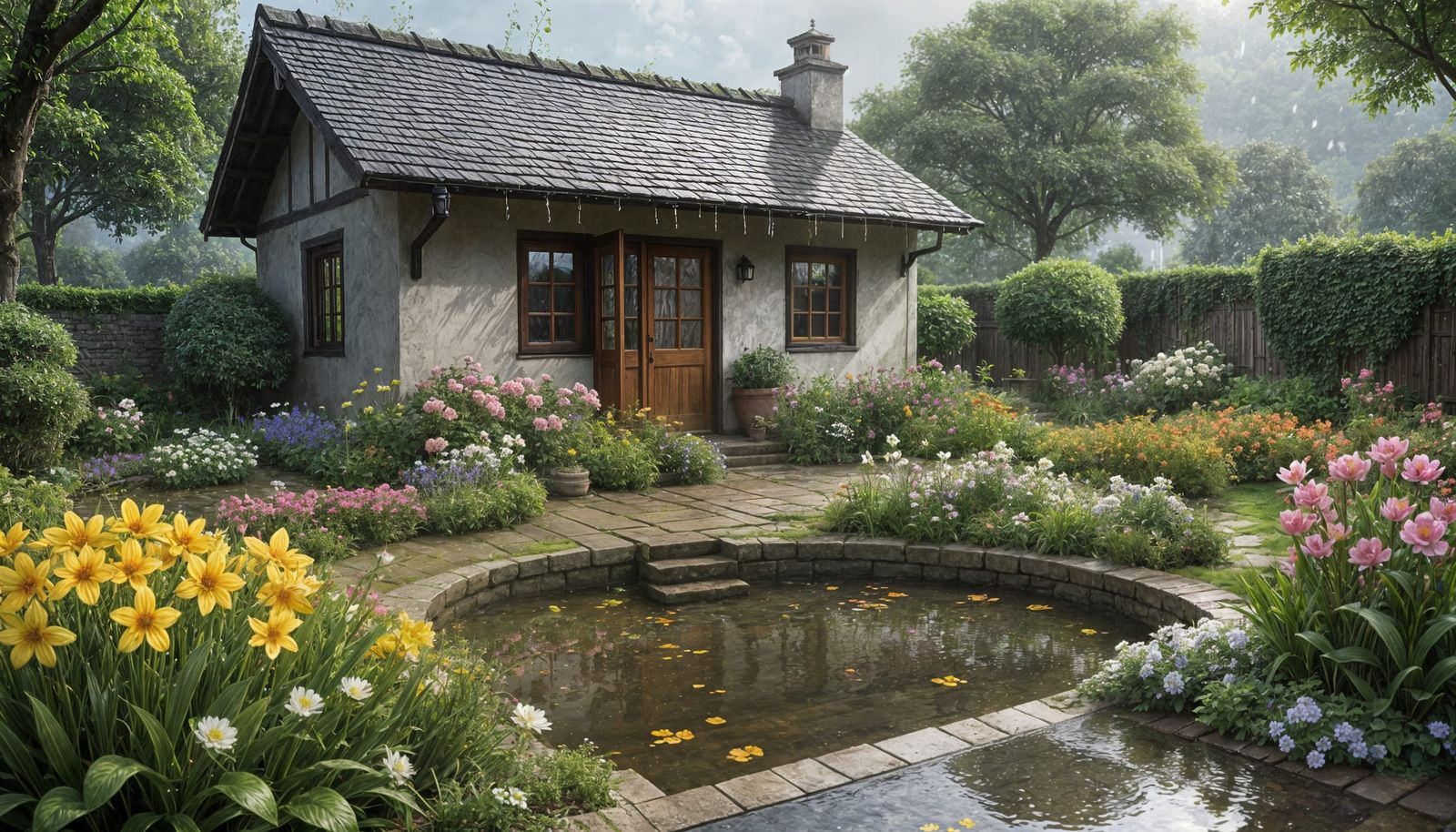 Garden Scene with Spring Bloom and Reflections