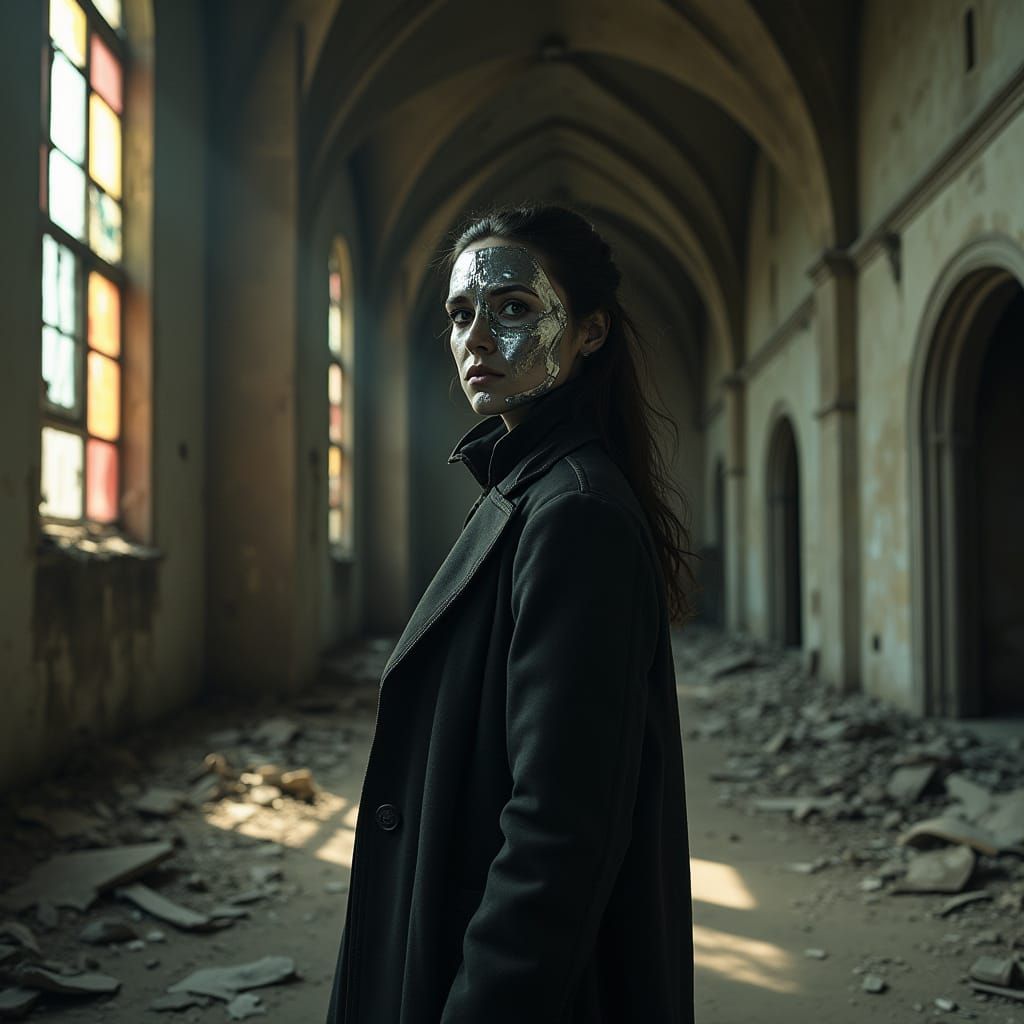 Cyborg Woman in Ruined Cathedral: Gritty Realism
