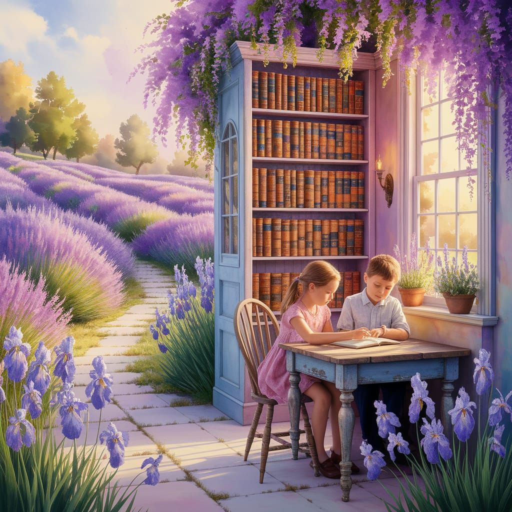 Whimsical Watercolor Library Amidst Lavender Fields